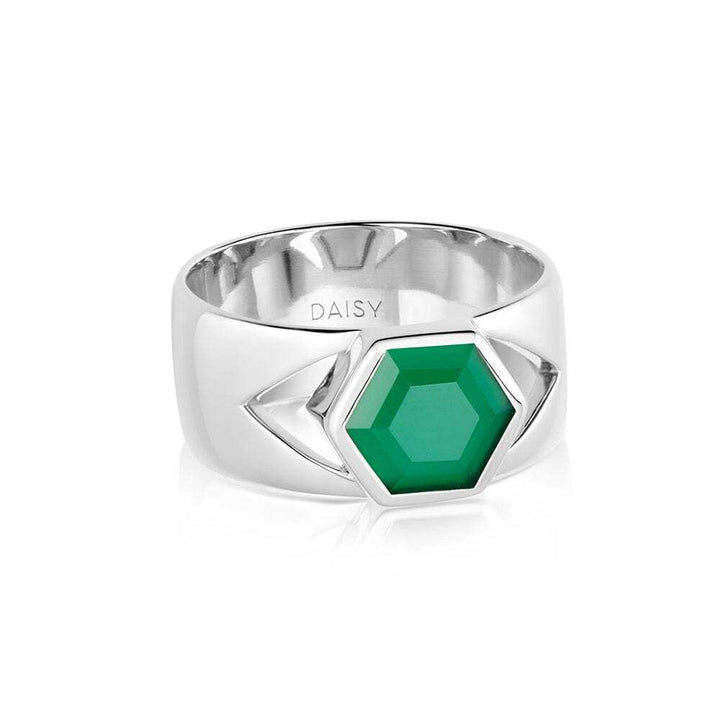 Daisy London Sterling Silver Beloved Bold Green Onyx Band Ring
