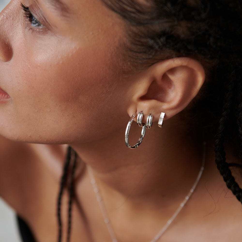 Daisy London Sterling Silver Double Ridge Huggie Hoop Earrings Additional Image - 2