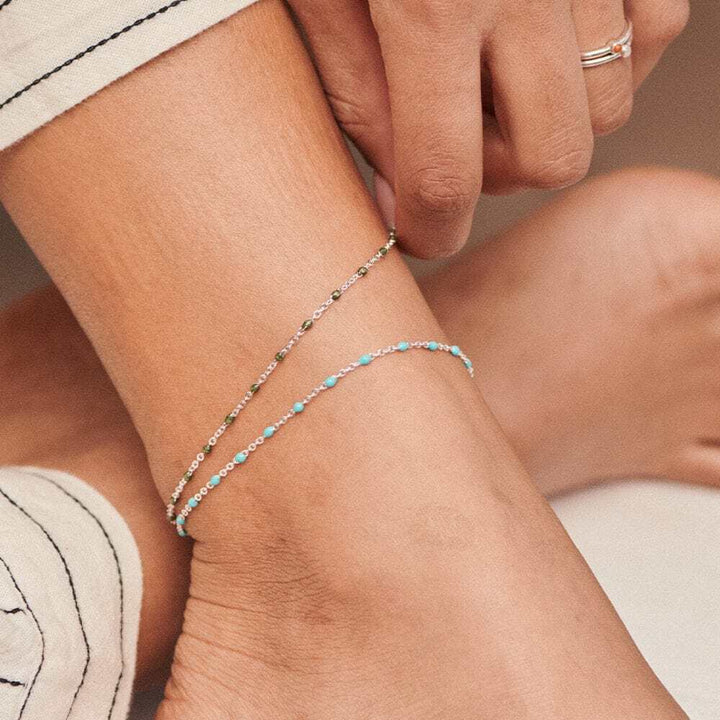 Daisy London Sterling Silver Green Enamel Beaded Anklet Additional Image - 1