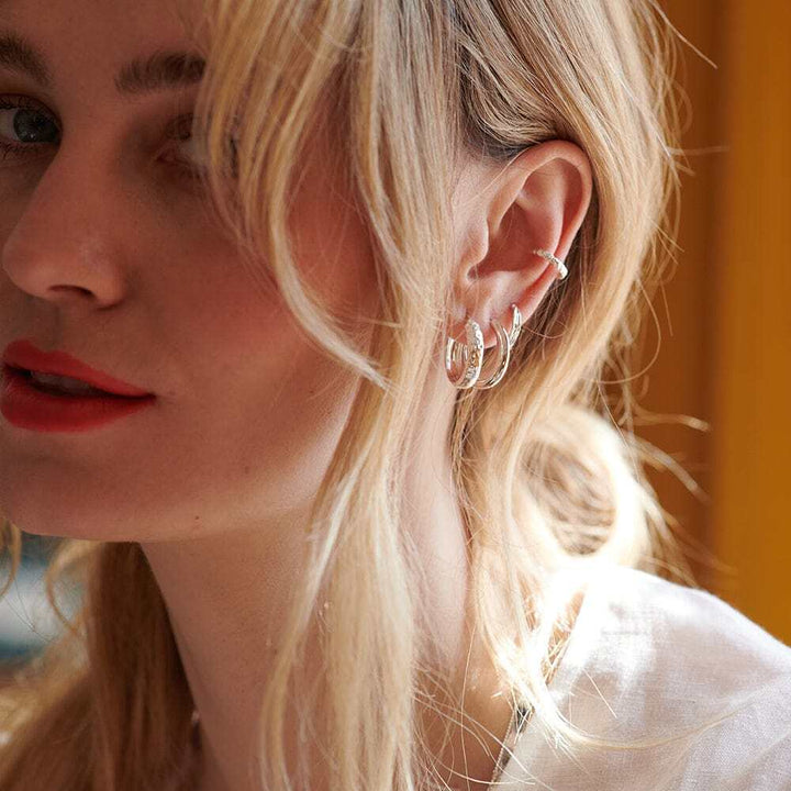Daisy London Sterling Silver Midi Textured Hoop Earrings Additional Image - 3