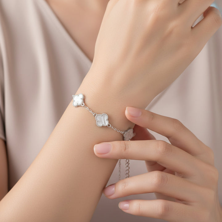 Ola Silver White Shimmer Clover Bracelet