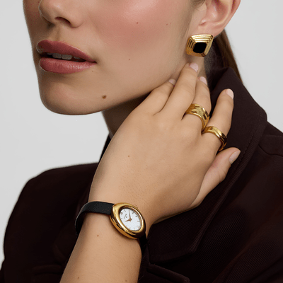 D.Louise Gold Oval Black Leather Watch - MococoD.LouiseSDW-03-01Watches and Accessories
