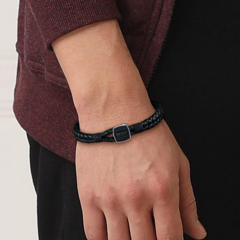 Hugo Boss Black Seal Mens Braided Leather Bracelet 2
