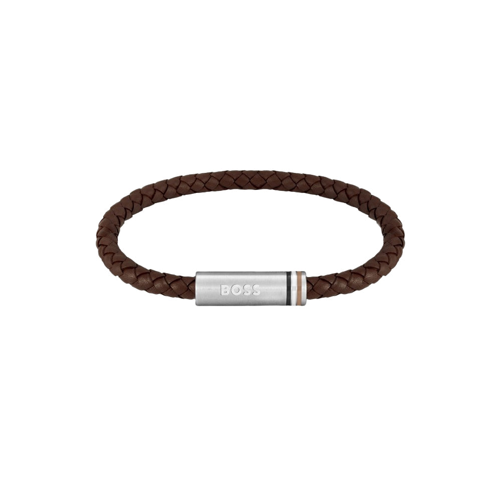 Hugo Boss Brown Braided Leather Magnetic Logo Closure Cuff image