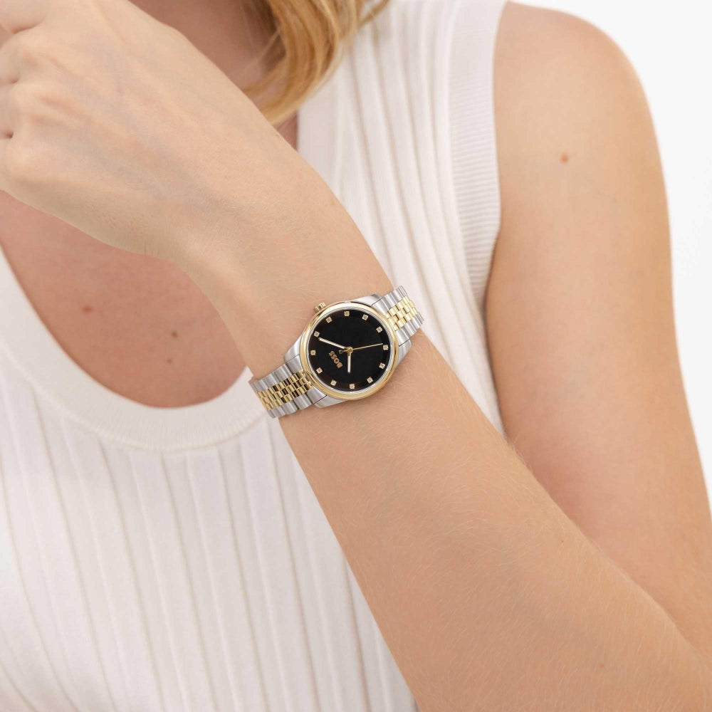 Hugo Boss Gold and Silver Black Graceful Precious Round Ladies Bracelet Watch 2