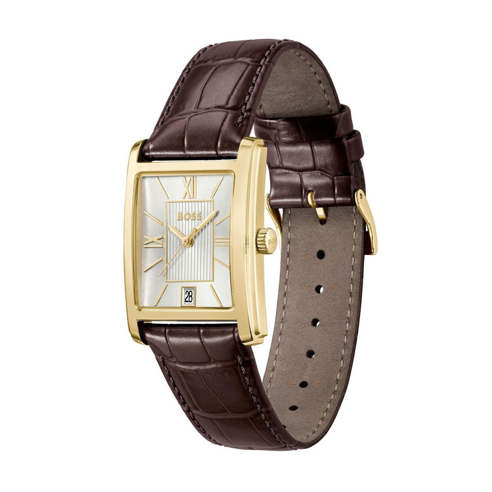 Hugo Boss Gold and Silver White Brown Principle Dress Rectangle Gents Leather Strap Watch 2