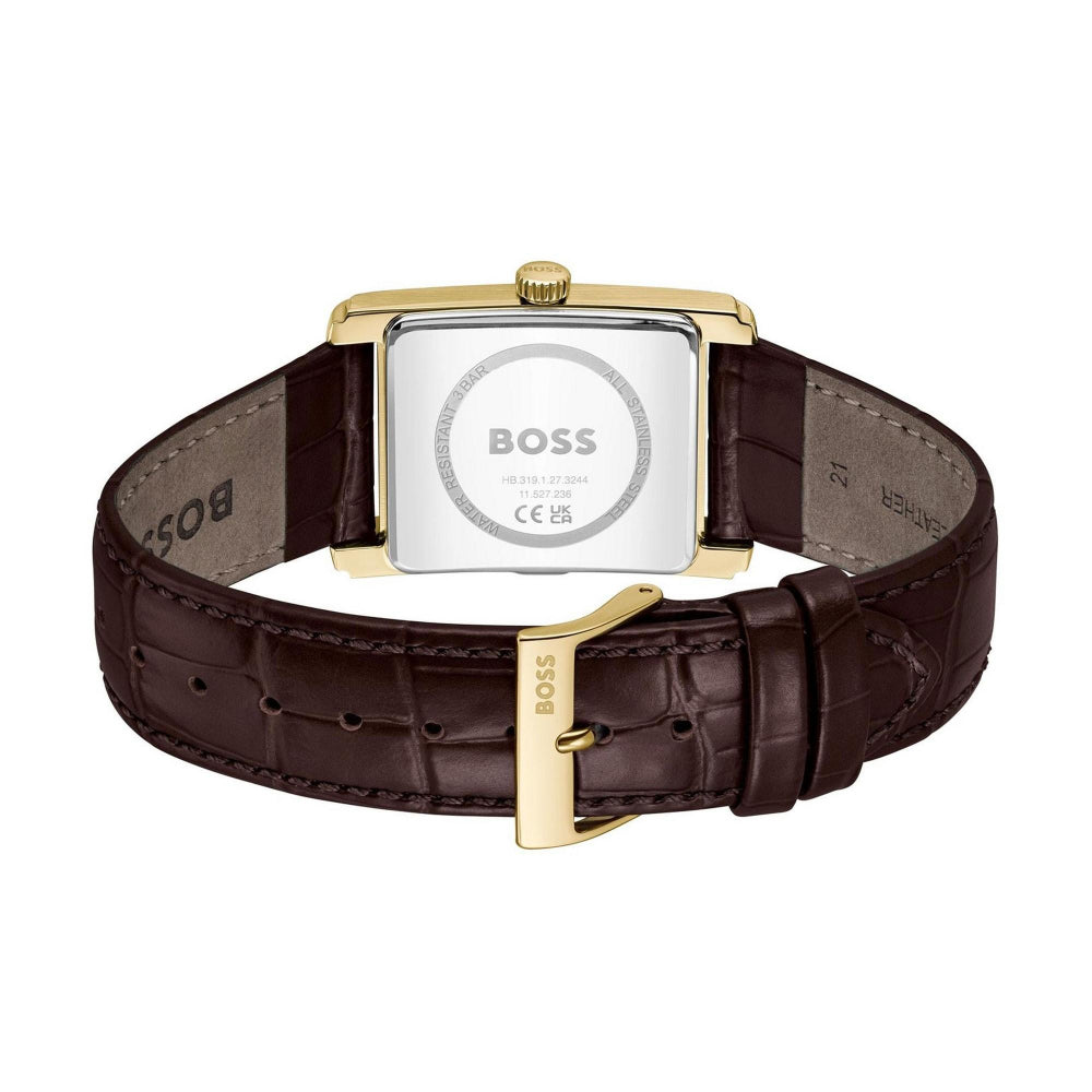 Hugo Boss Gold and Silver White Brown Principle Dress Rectangle Gents Leather Strap Watch 3