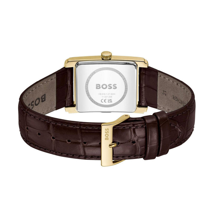 Hugo Boss Gold and Silver White Brown Principle Dress Rectangle Gents Leather Strap Watch 3