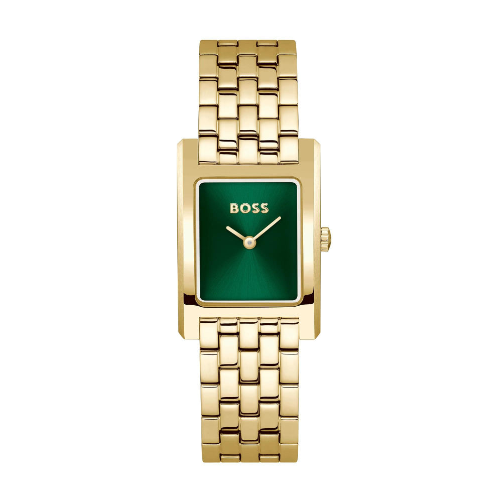 Hugo Boss Light Gold and Green Lucy QTM Rectangle Ladies IP Tank Watch 1