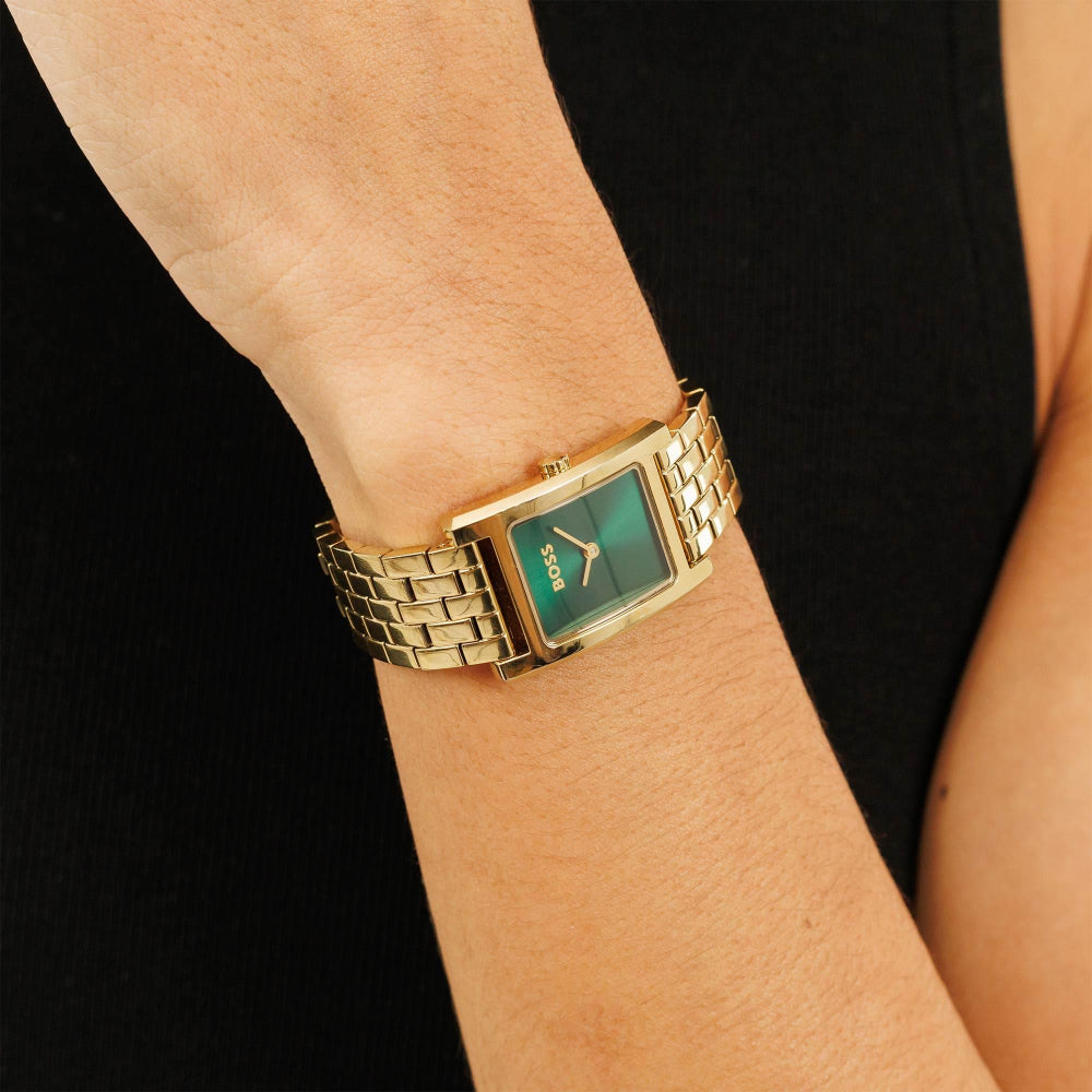 Hugo Boss Light Gold and Green Lucy QTM Rectangle Ladies IP Tank Watch 2