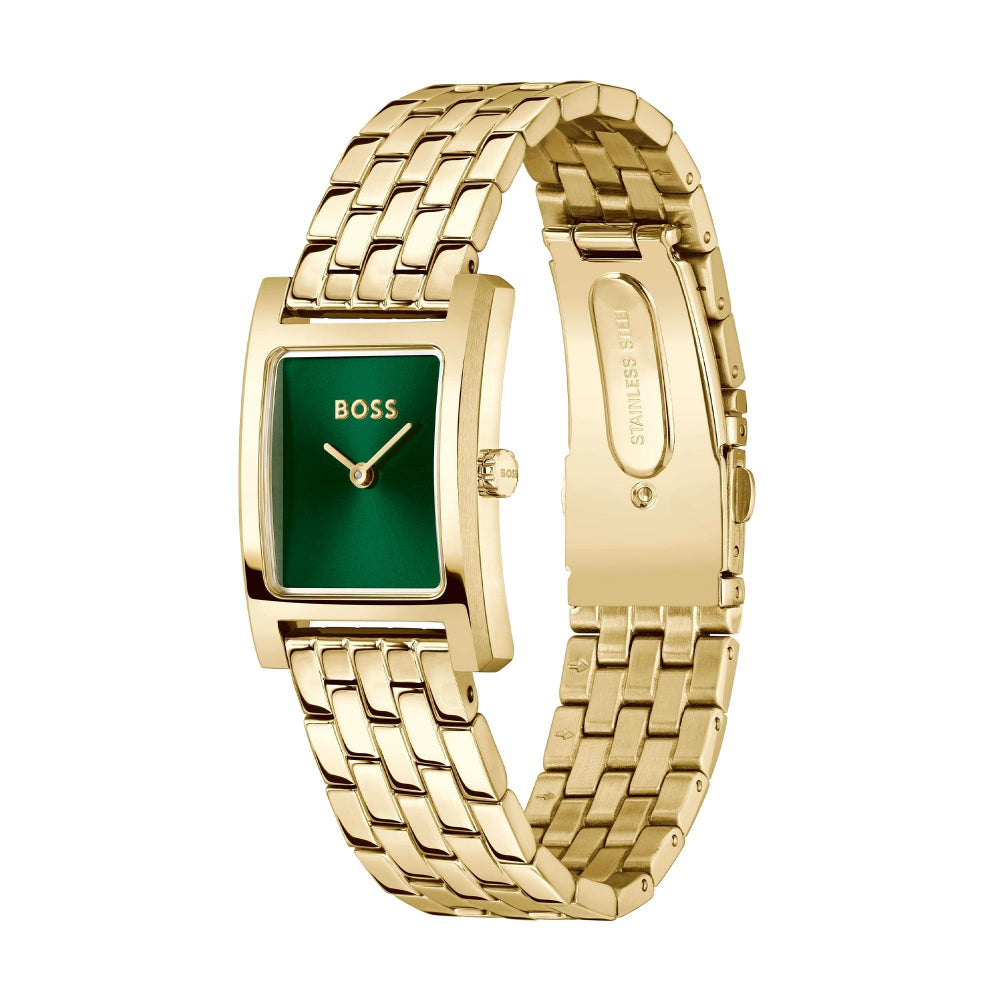 Hugo Boss Light Gold and Green Lucy QTM Rectangle Ladies IP Tank Watch 4