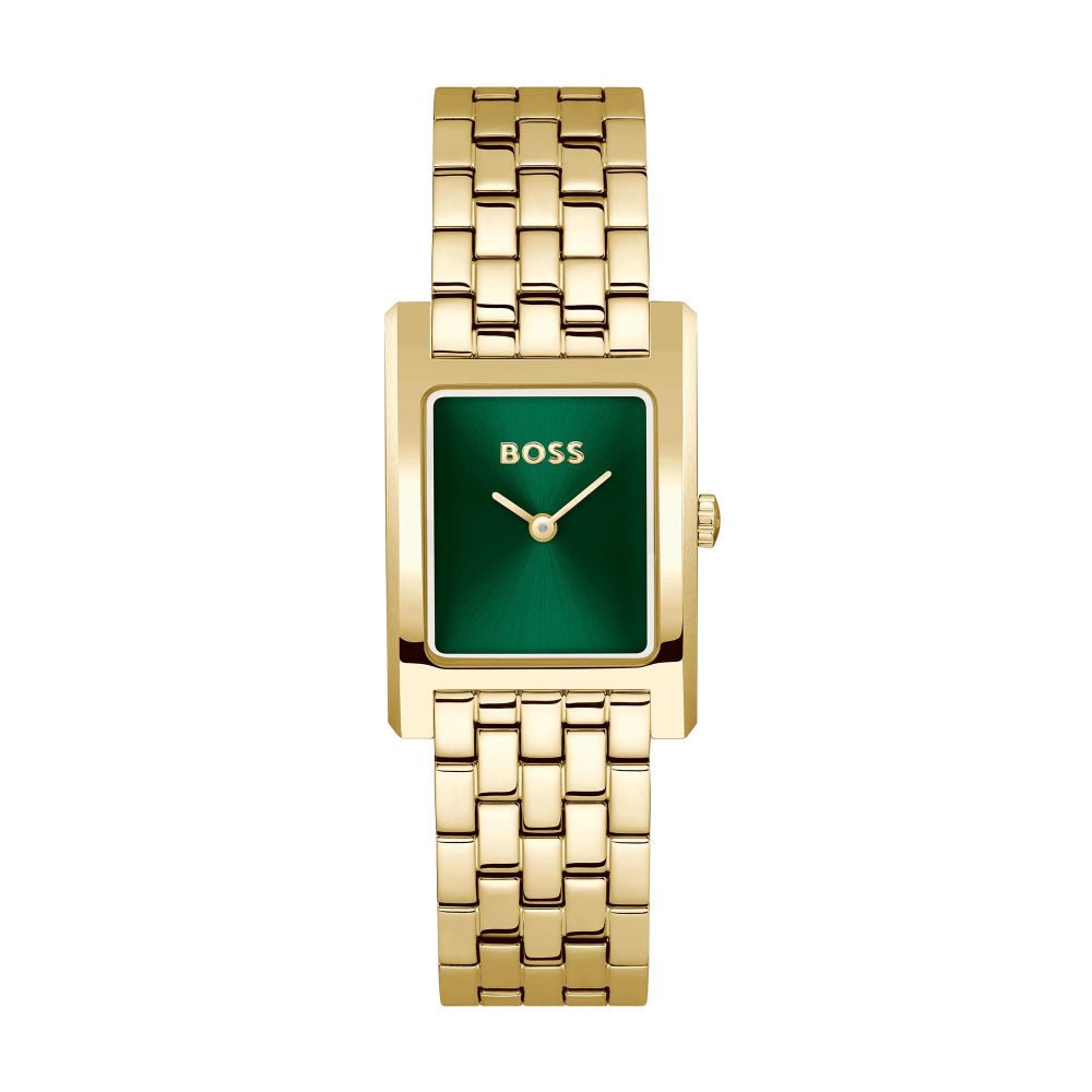 Hugo Boss Light Gold and Green Lucy QTM Rectangle Ladies IP Tank Watch - MococoHugo Boss1502785885997607278Watches and Accessories