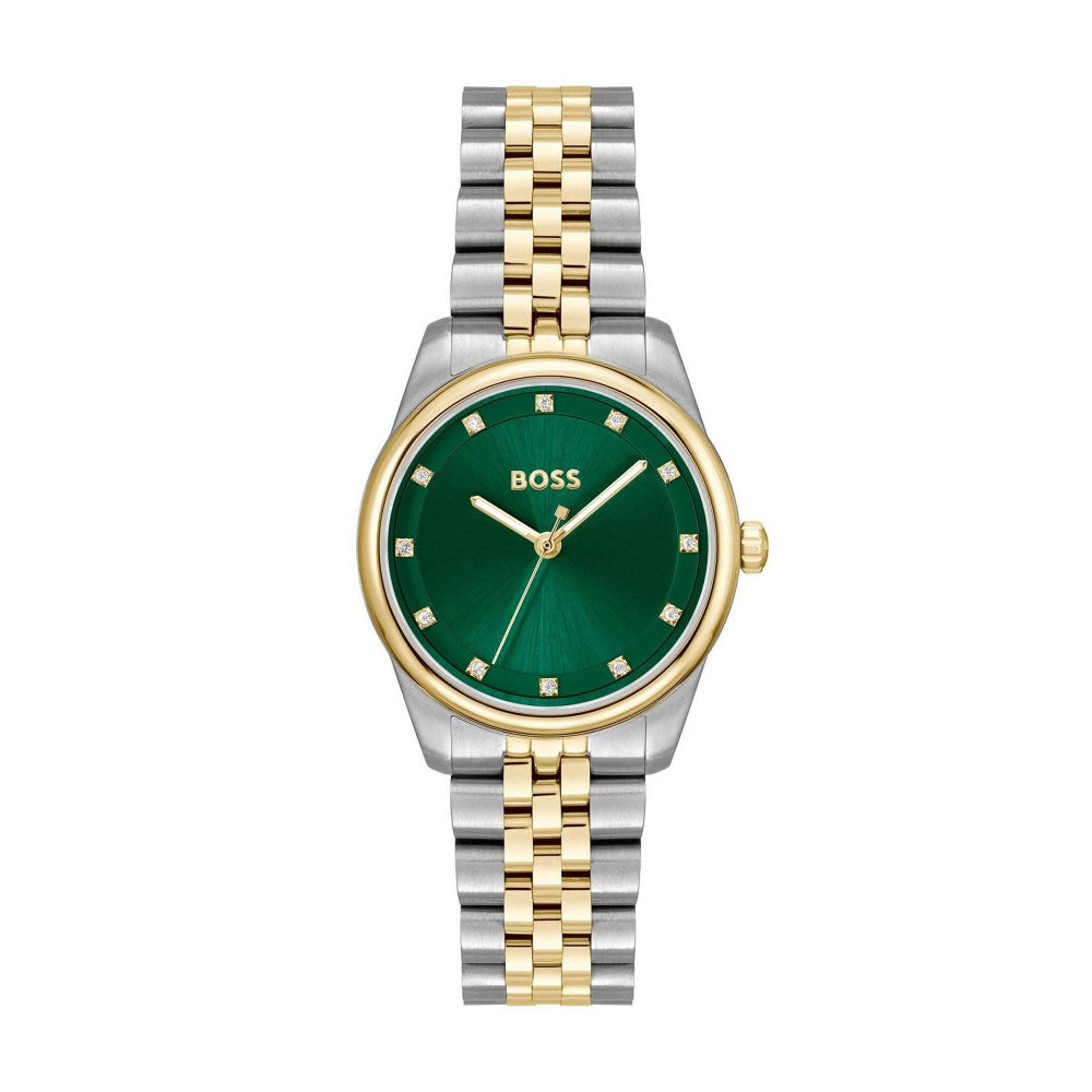 Hugo Boss Light Gold, Silver and Green Graceful Precious Round Ladies IP Bracelet Watch 1