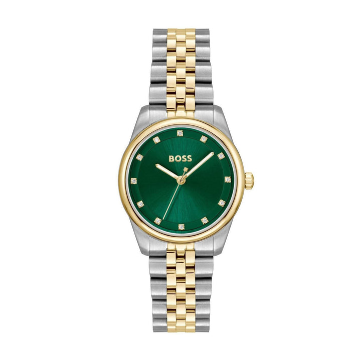 Hugo Boss Light Gold, Silver and Green Graceful Precious Round Ladies IP Bracelet Watch 1