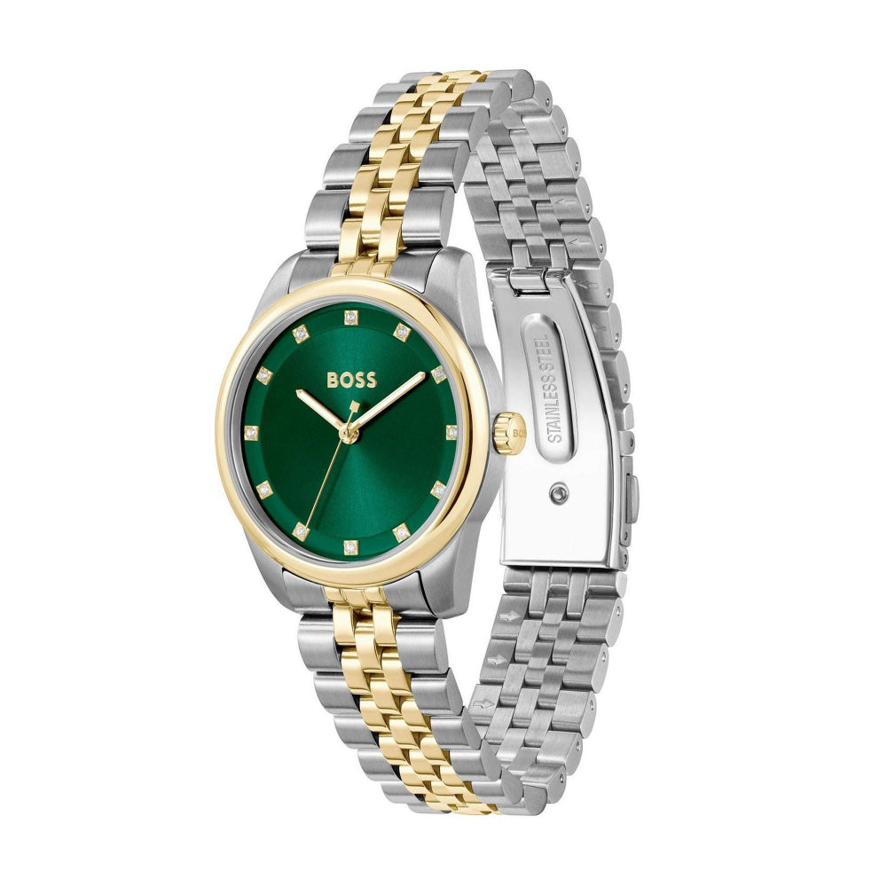Hugo Boss Light Gold, Silver and Green Graceful Precious Round Ladies IP Bracelet Watch 2