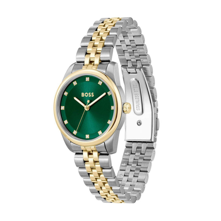 Hugo Boss Light Gold, Silver and Green Graceful Precious Round Ladies IP Bracelet Watch 2