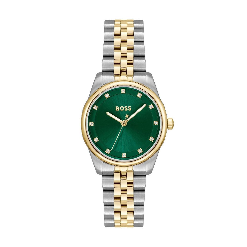 Hugo Boss Light Gold, Silver and Green Graceful Precious Round Ladies IP Bracelet Watch - MococoHugo Boss1502834885997649179Watches and Accessories
