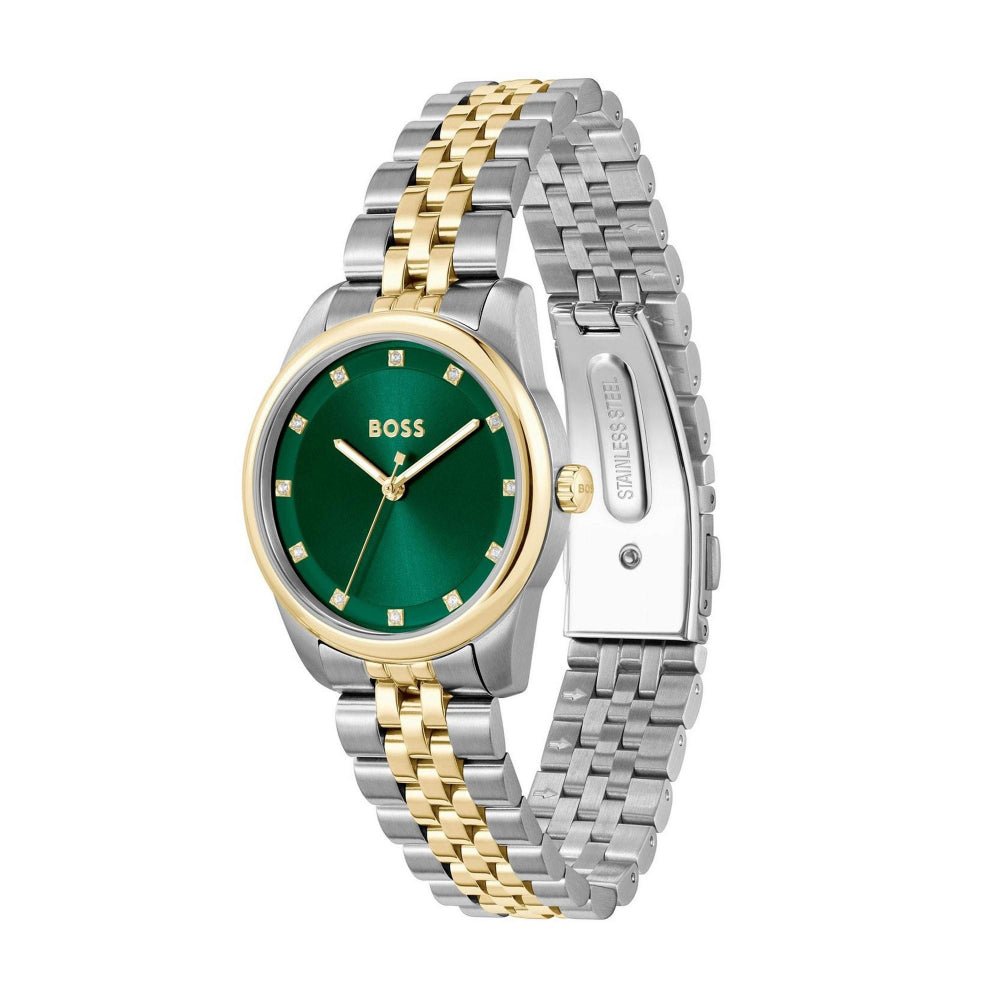 Hugo Boss Light Gold, Silver and Green Graceful Precious Round Ladies IP Bracelet Watch - MococoHugo Boss1502834885997649179Watches and Accessories