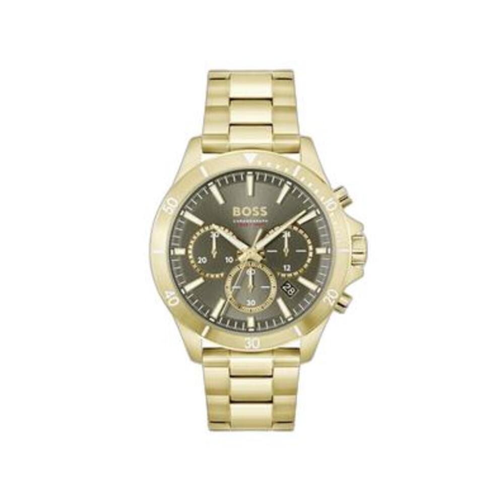 Hugo Boss Light Yellow Gold and Olive Green Troper Round Gents IP Bracelet Watch 