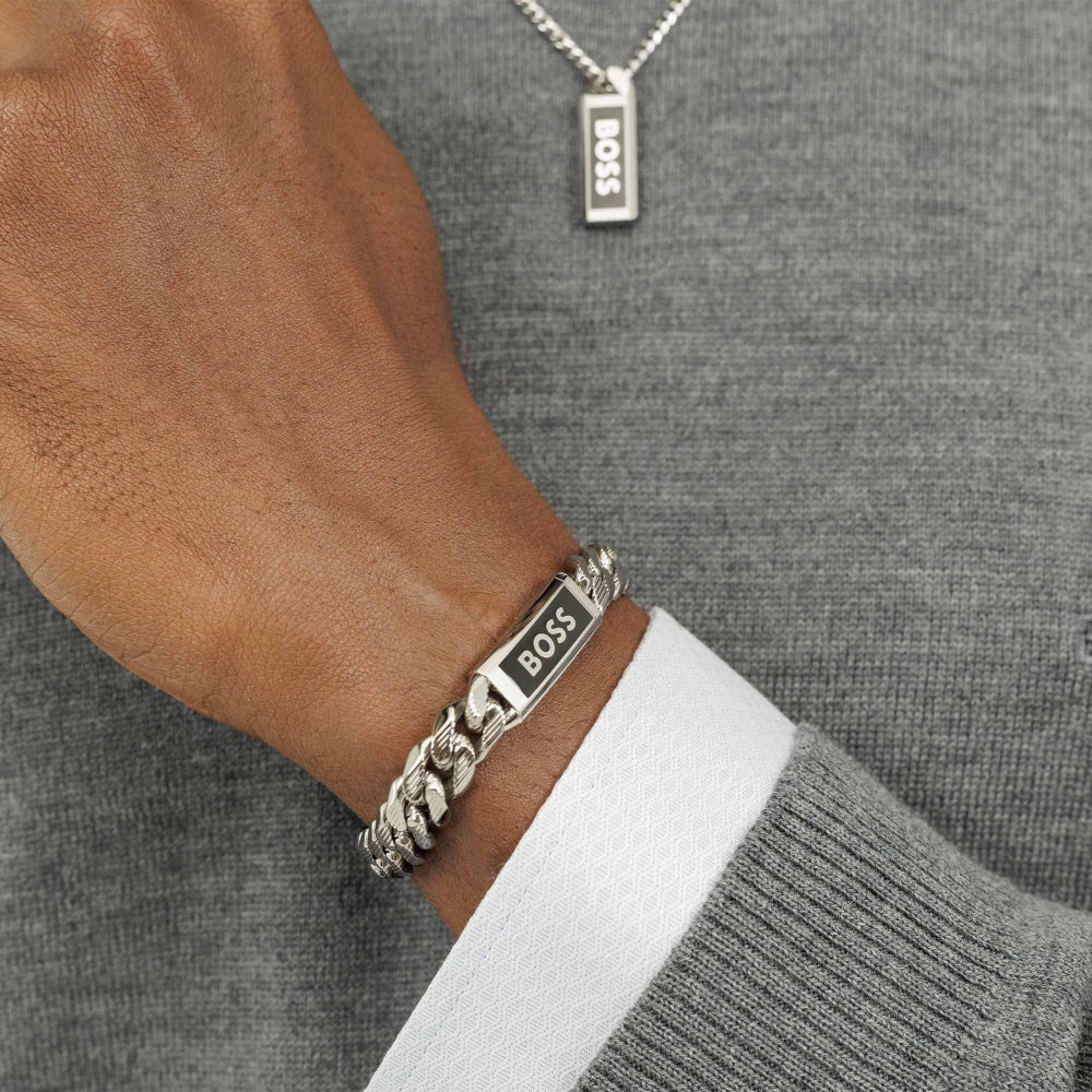 Hugo Boss Silver and Black Kassy Emblem Gents IP Pendant Bracelet 2