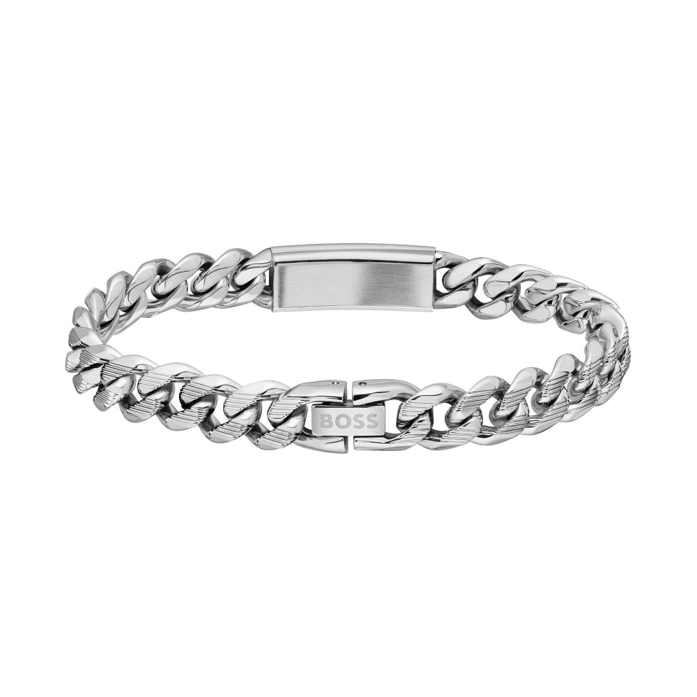 BOSS KASSY EMBLEM Collana Uomo In Acciaio Inossidabile – Catena A Maglie 55,8 Cm Con Pendente Logo Smaltato Nero – Gioiello Di Moda Disponibile In Argento O Oro