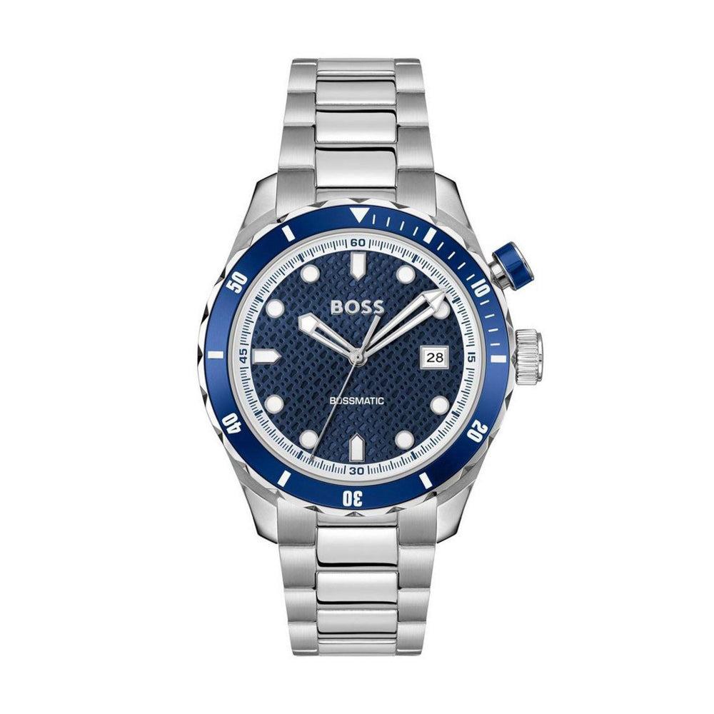Hugo Boss Silver and Blue Bossmatic Round Mens Hybrid Automatic Watch 1