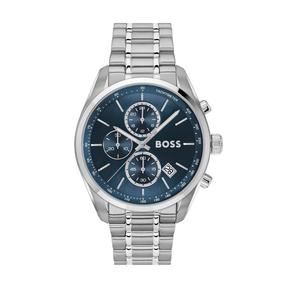 Hugo Boss Silver and Blue Grand Prix 44 Round Gents Bracelet Watch 1