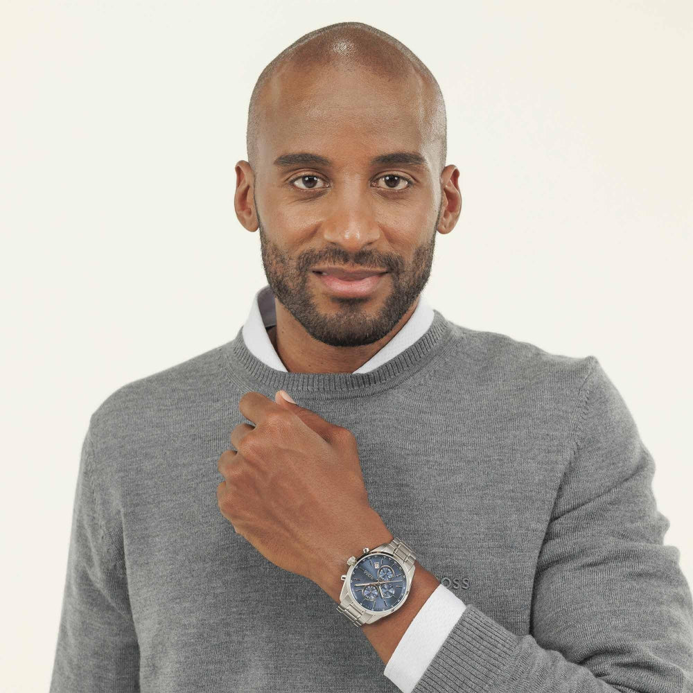 Hugo Boss Silver and Blue Grand Prix 44 Round Gents Bracelet Watch - MococoHugo Boss1514226885997608015Watches and Accessories