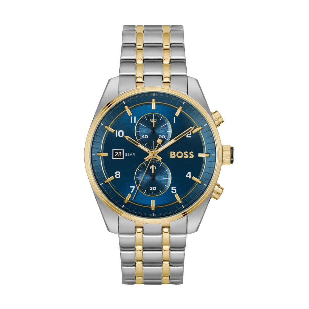 Hugo Boss Silver and Blue Skytraveller Round Gents Bi Colour Chronograph Watch 1