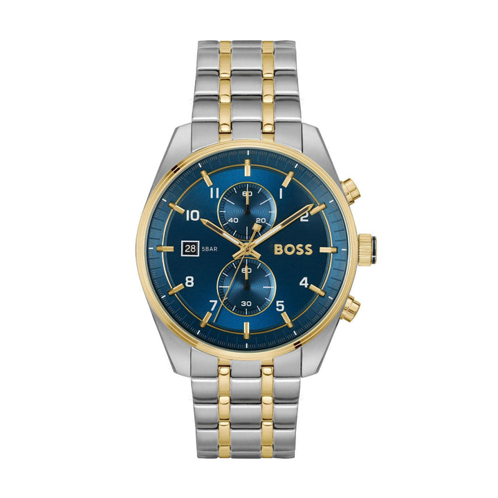 Hugo Boss Silver and Blue Skytraveller Round Gents Bi Colour Chronograph Watch 1