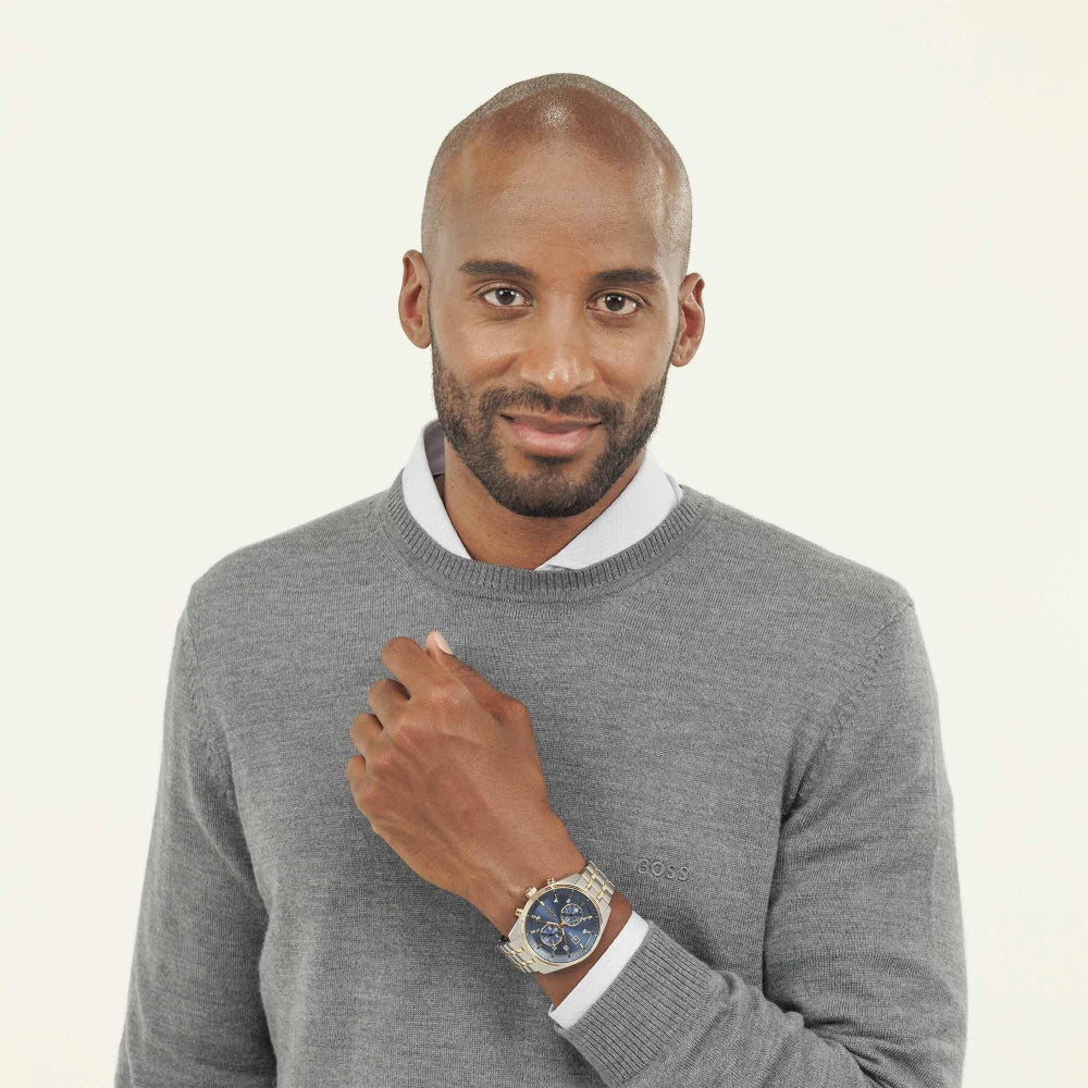 Hugo Boss Silver and Blue Skytraveller Round Gents Bi Colour Chronograph Watch - MococoHugo Boss1514247885997613538Watches and Accessories