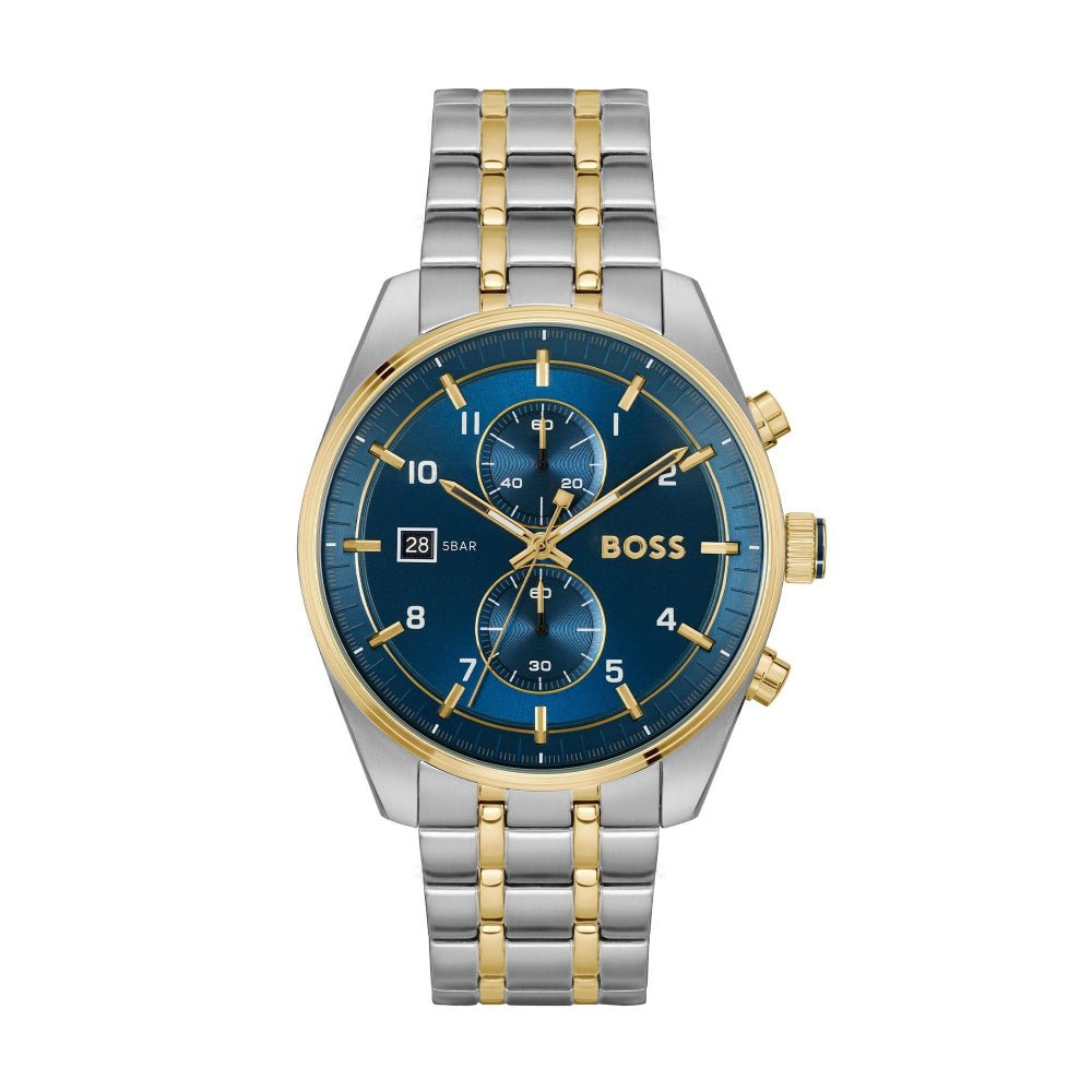 Hugo Boss Silver and Blue Skytraveller Round Gents Bi Colour Chronograph Watch - MococoHugo Boss1514247885997613538Watches and Accessories