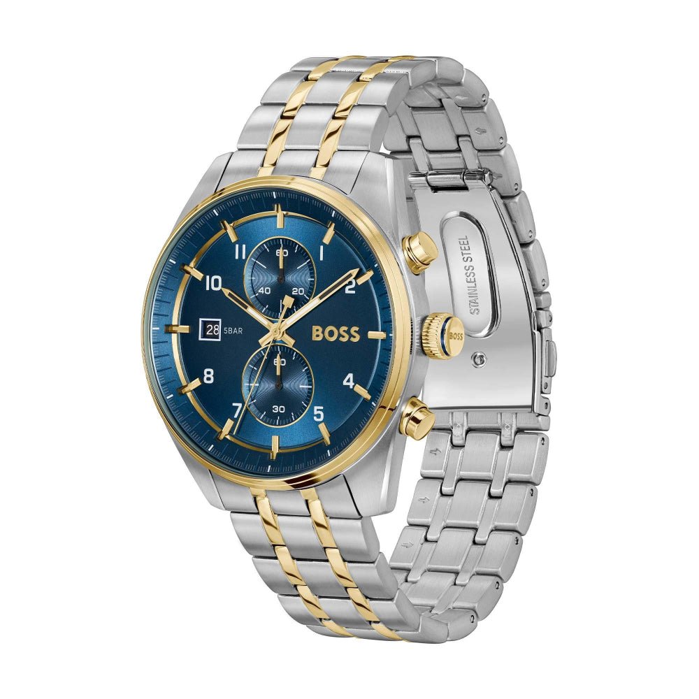 Hugo Boss Silver and Blue Skytraveller Round Gents Bi Colour Chronograph Watch - MococoHugo Boss1514247885997613538Watches and Accessories