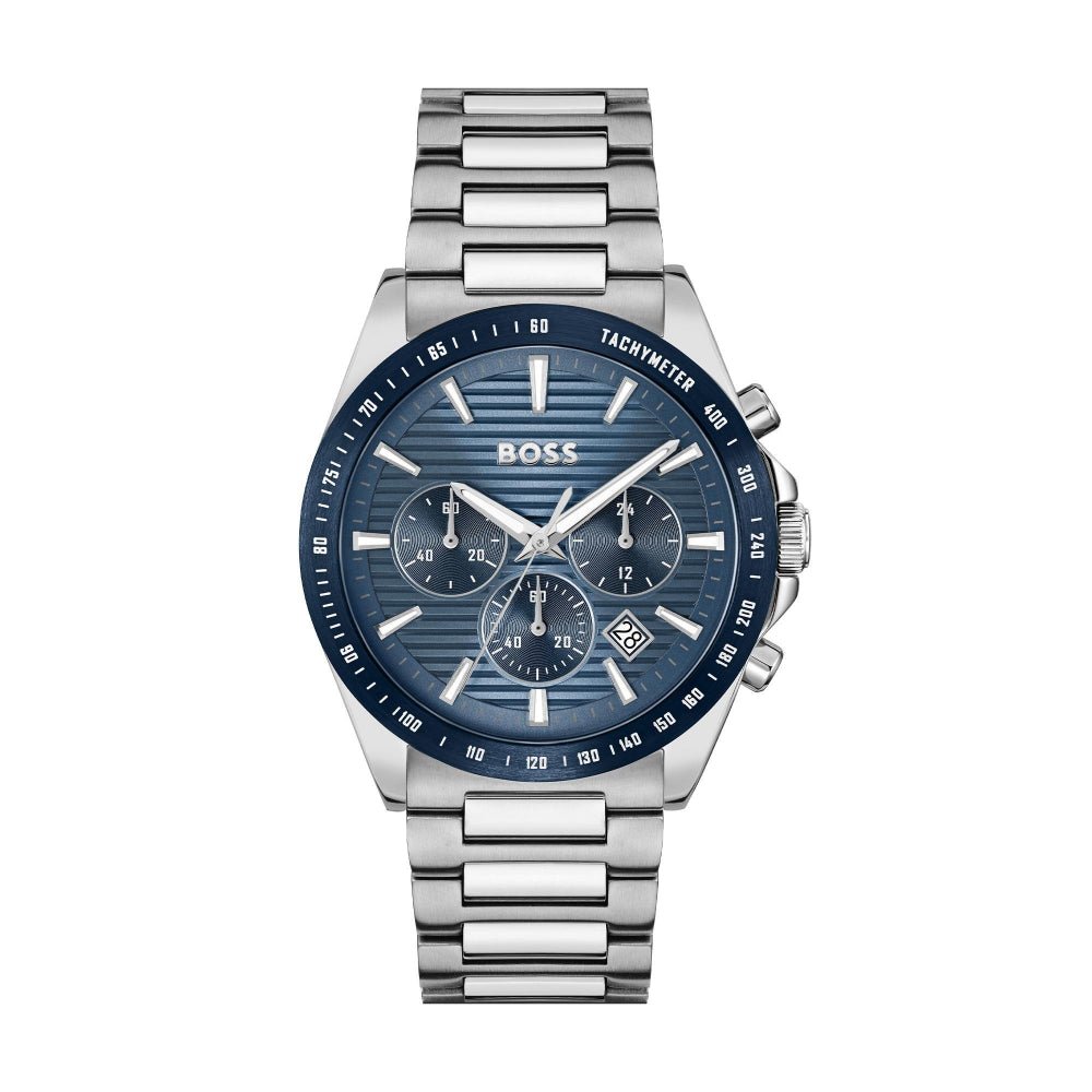 Hugo Boss Silver and Blue Strike Round Gents Chronograph Watch - MococoHugo Boss1514240885997608152Watches and Accessories