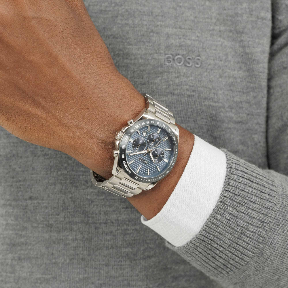 Hugo Boss Silver and Blue Strike Round Gents Chronograph Watch - MococoHugo Boss1514240885997608152Watches and Accessories