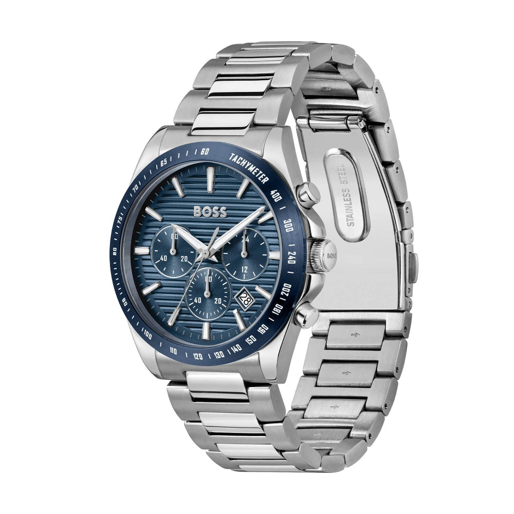 Hugo Boss Silver and Blue Strike Round Gents Chronograph Watch - MococoHugo Boss1514240885997608152Watches and Accessories
