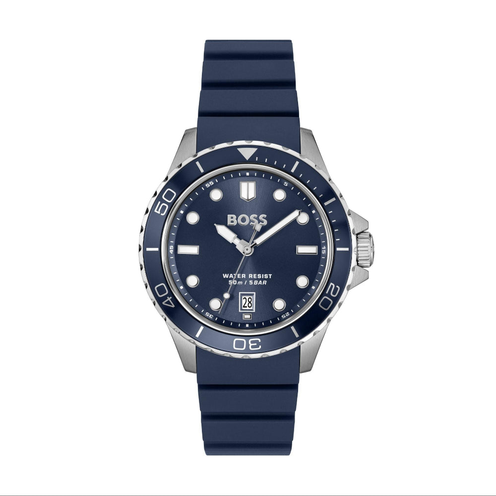 Hugo Boss Silver and Blue Troper Sport Round Gents Silicone Strap Watch 1