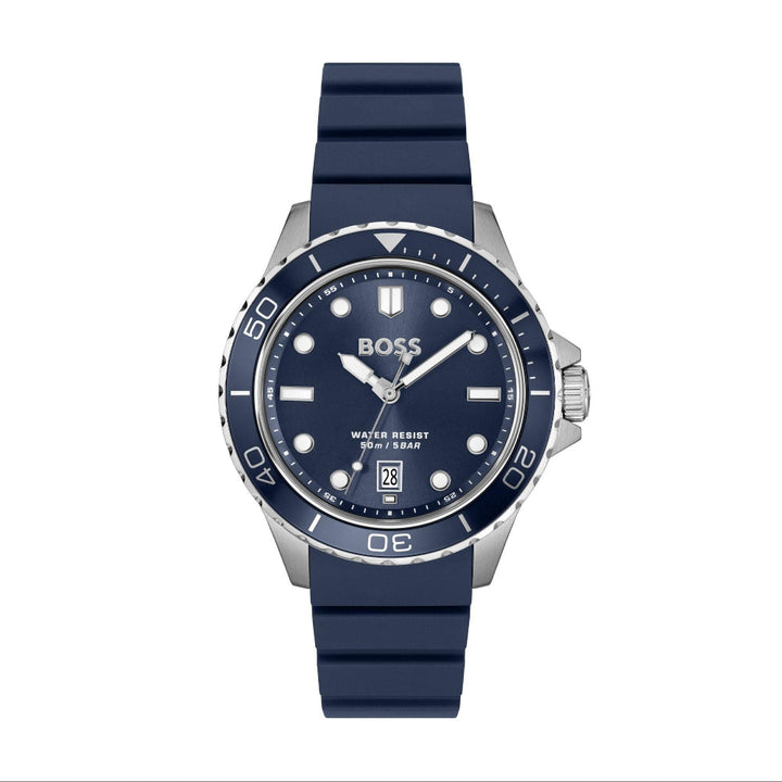 Hugo Boss Silver and Blue Troper Sport Round Gents Silicone Strap Watch 1