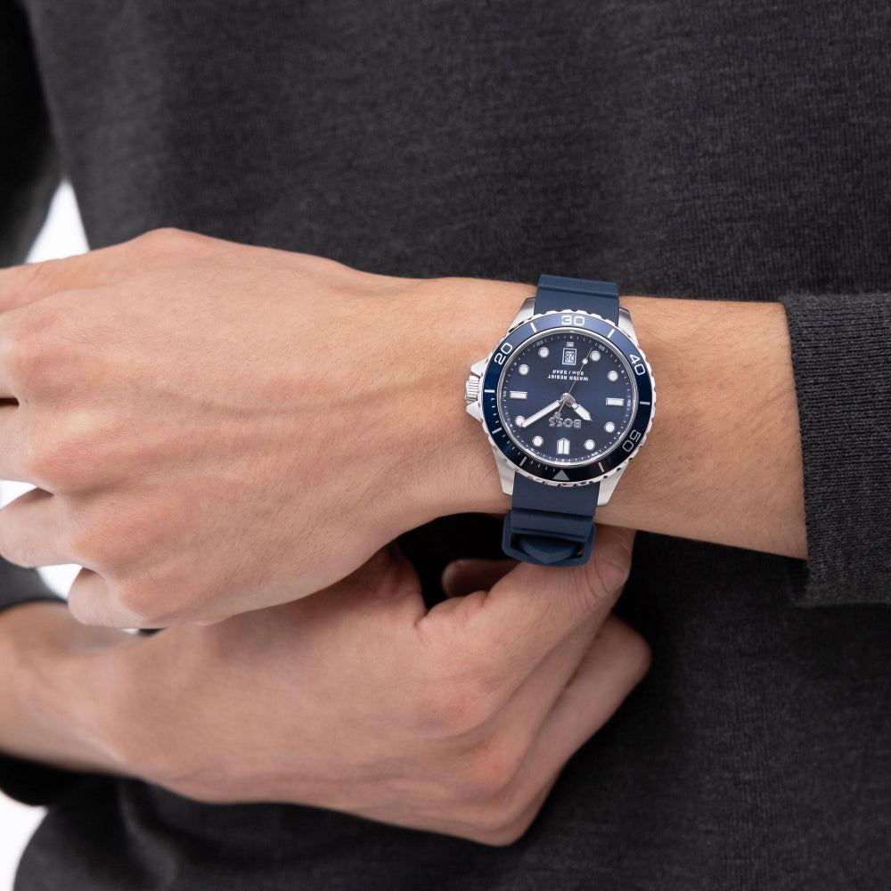 Hugo Boss Silver and Blue Troper Sport Round Gents Silicone Strap Watch 2