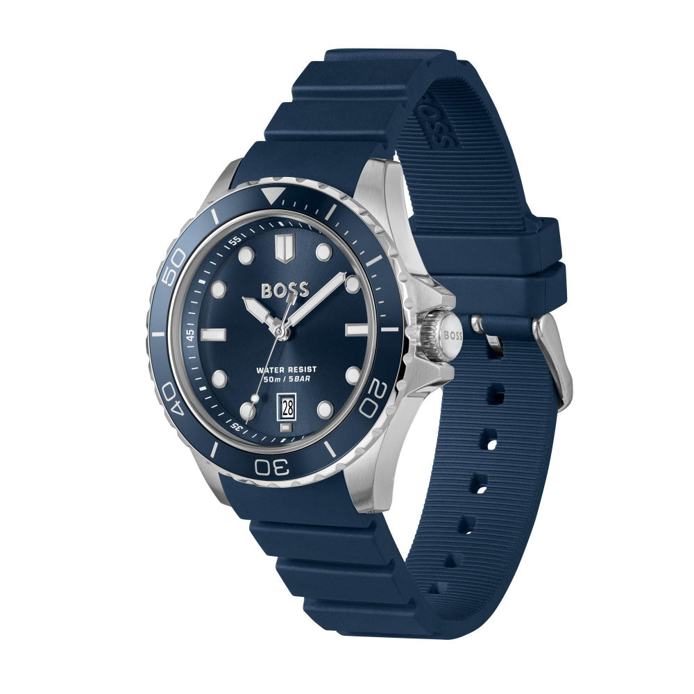 Hugo Boss Silver and Blue Troper Sport Round Gents Silicone Strap Watch 4