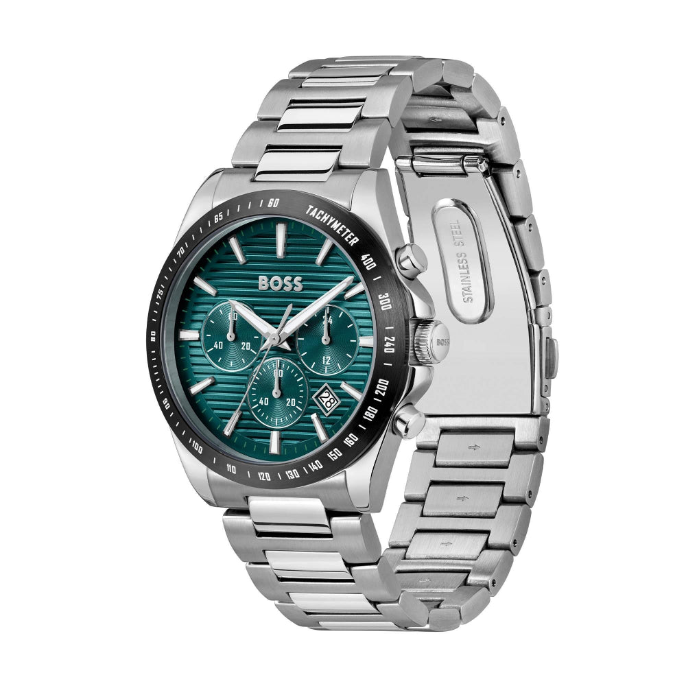Hugo Boss Silver and Green Strike Round Gents Chronograph Watch - MococoHugo Boss1514241885997608169Watches and Accessories