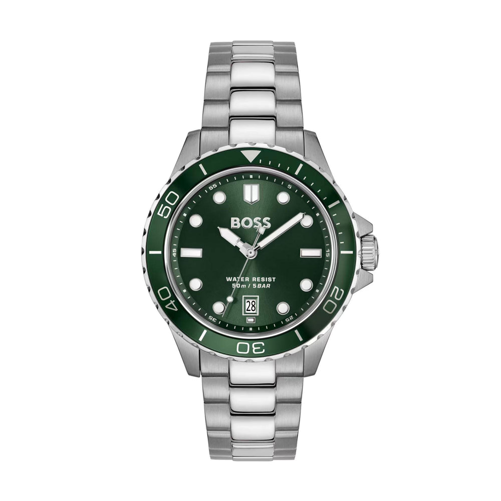 Hugo Boss Silver and Green Troper Sport Round Gents Bracelet Watch 1