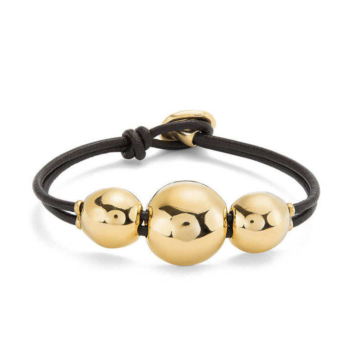 Leather Beaded Bracelet with Three Large Central 18K Gold-Plated Beads image