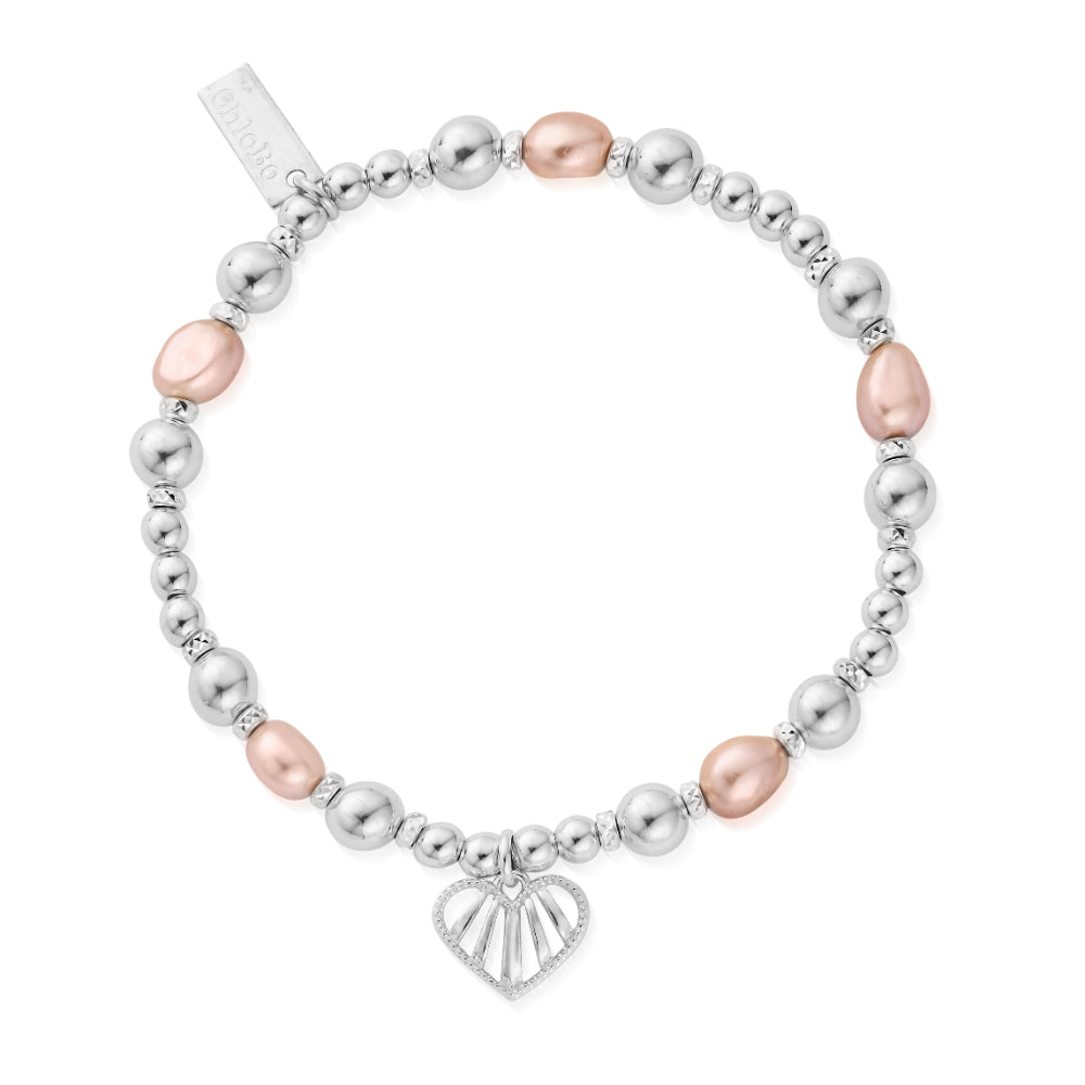 ChloBo Silver Loving Heart Pink Pearl Bracelet Image