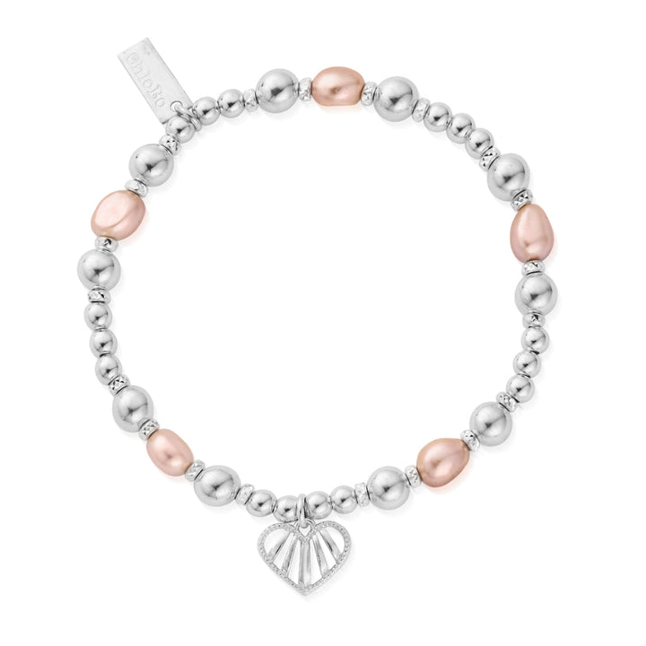 ChloBo Silver Loving Heart Pink Pearl Bracelet Image