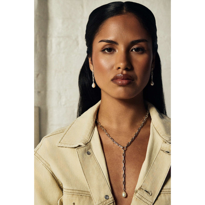 ChloBo Silver Mini Link Pearl Drop Earrings