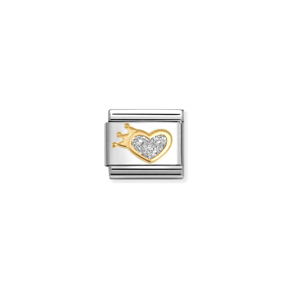 Nomination Composable Classic Bonded Yellow Gold Glitter Silver Crowned Heart Charm image
