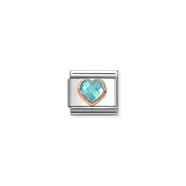 Nomination Composable Classic Faceted Heart Stainless Steel, Bonded 9K Rose Gold & Light Blue Cubic Zirconia Heart 9 mm Charm Link image