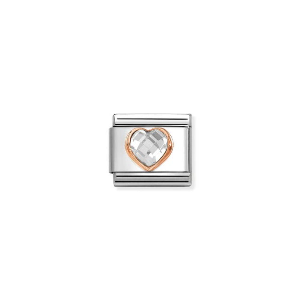 Nomination Composable Classic Faceted Heart Stainless Steel, Bonded 9K Rose Gold & White Cubic Zirconia Heart 9 mm Charm Link image