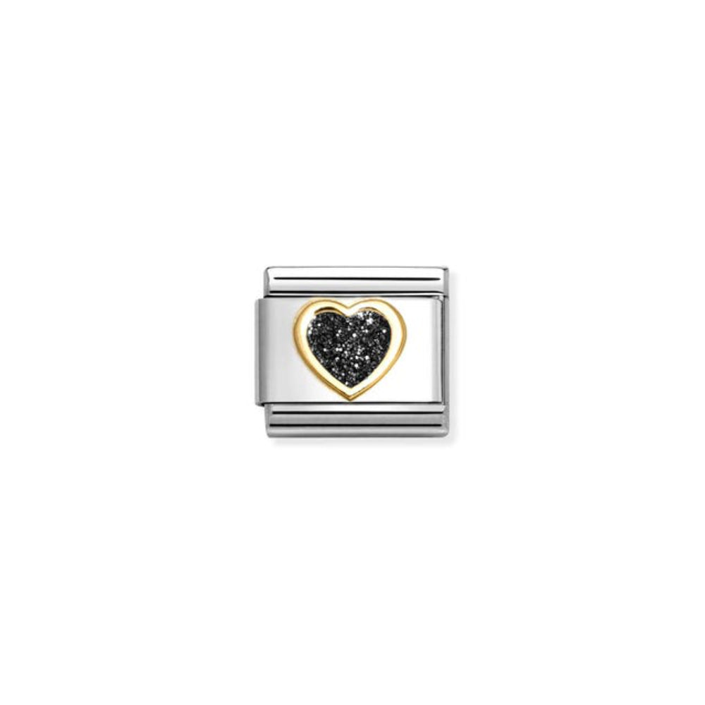 Nomination Composable Classic Glitter Symbols Stainless Steel, Enamel & Bonded Yellow Gold Black Glitter Heart 9 mm Charm Link image